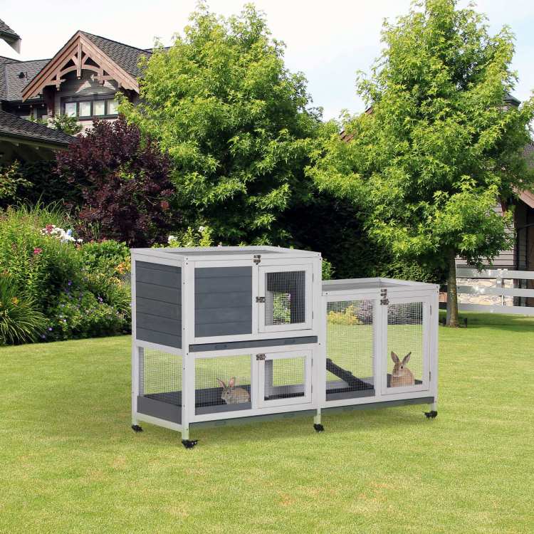 Pawhut Wooden Rabbit Hutch Bunny Hutch Elevated Pet House Cage Small Animal Habitat With No Leak Tray Lockable Door Openable Top For Indoor 57.75" X 18" X 32.5" Grey