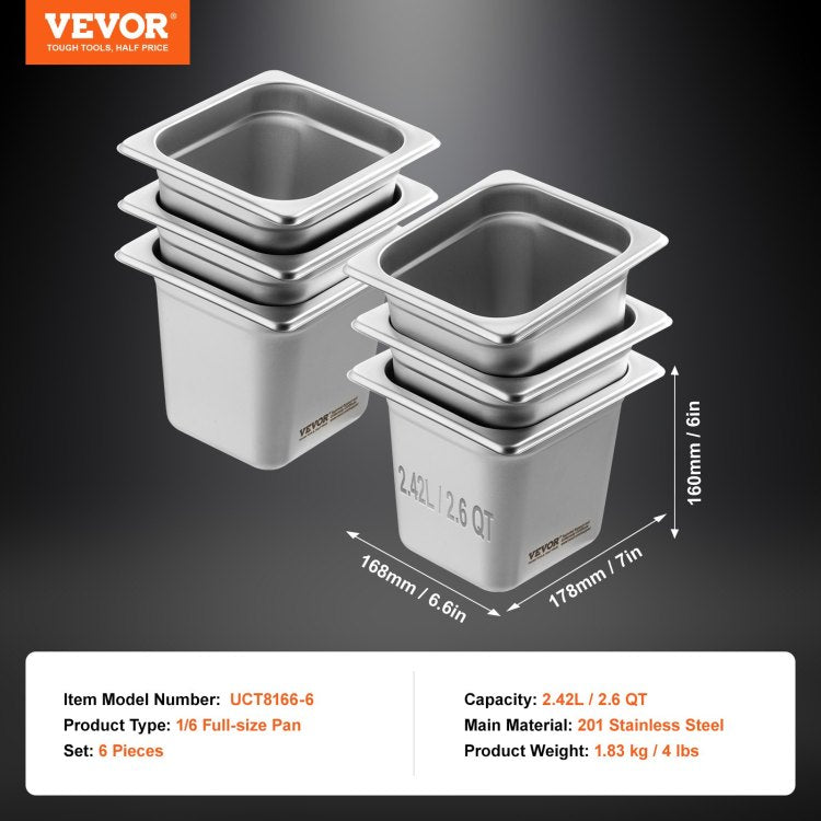 6 Pack Hotel Pans, 1 6 Size Anti Jam Steam Pan, 0.8Mm Thick Stainless Steel Restaurant Steam Table Pan, 6 Inch Deep Commercial Table Pan, Catering Storage Food Pan, For Industrial & Scientific