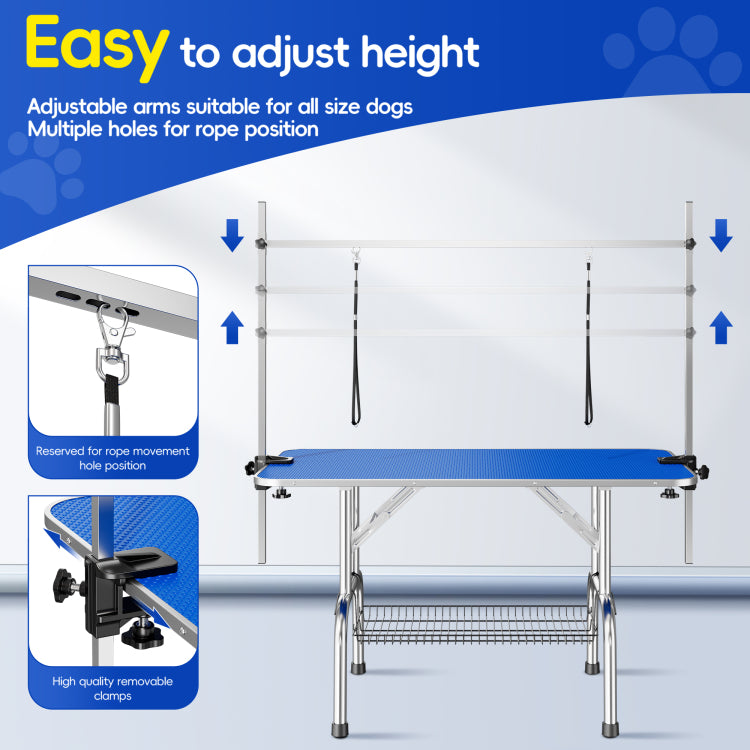 Large Grooming Table For Pet Dog And Cat With Adjustable Arm And Clamps Large Heavy Duty Animal Grooming Table, 46'' Blue