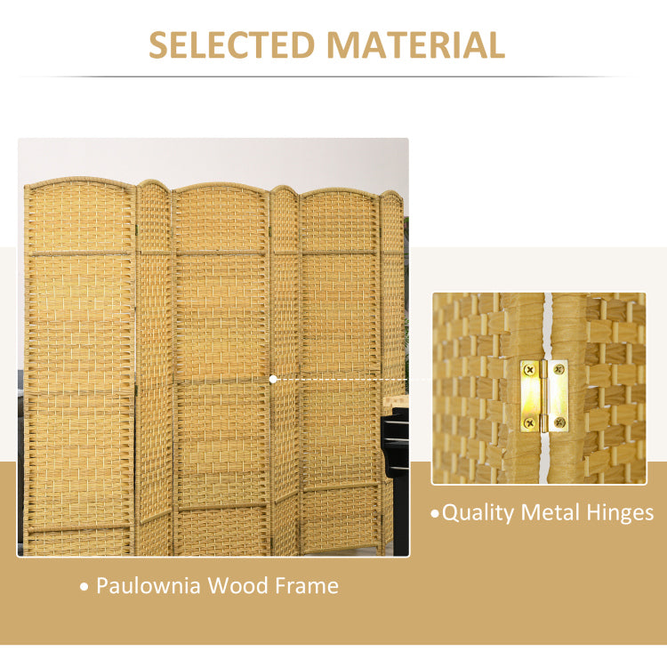 Homcom 6 Panel Room Divider, 6' Tall Folding Privacy Screen, Hand Woven Freestanding Wall Partition For Home Office, Bedroom, Nature Wood
