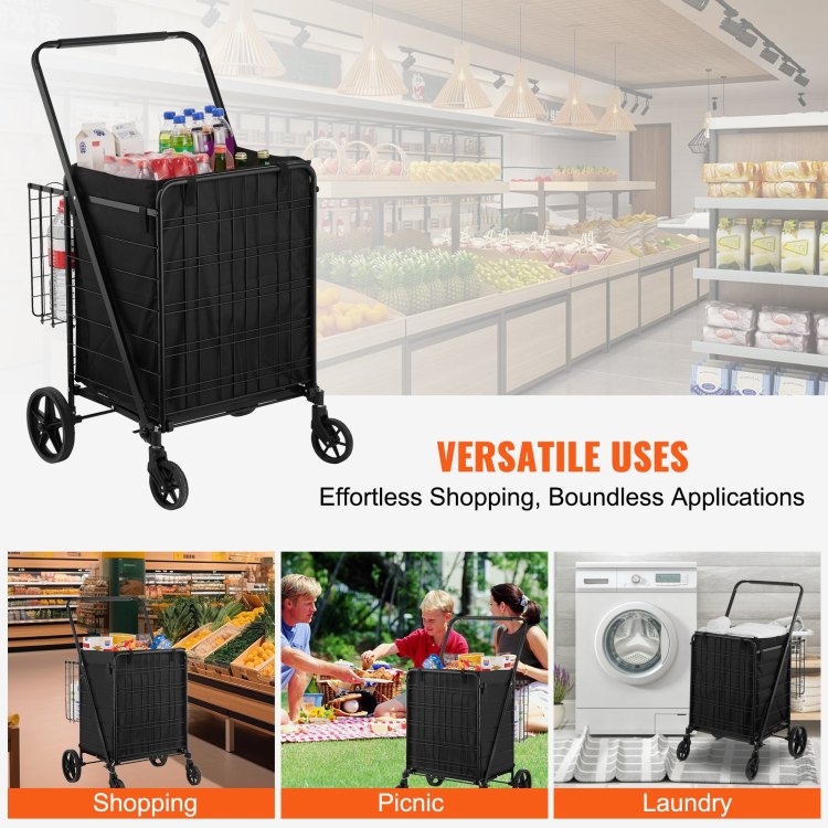 Folding Shopping Cart With Removable Waterproof Liner, 330Lbs Large Capacity Jumbo Grocery Cart With Dual Basket, 360 Swivel Wheels, Dense Metal Mesh Base, Heavy Duty Utility Cart For Shopping