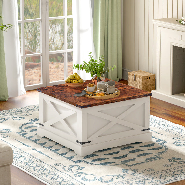 Lift Top Coffee Table With Storage & Charging Station,Multi Functional Lifting Dining Table Coffee Table,Living Room Home Table,Space Saving Modern Design.35.4"X 35.4",Vintage White