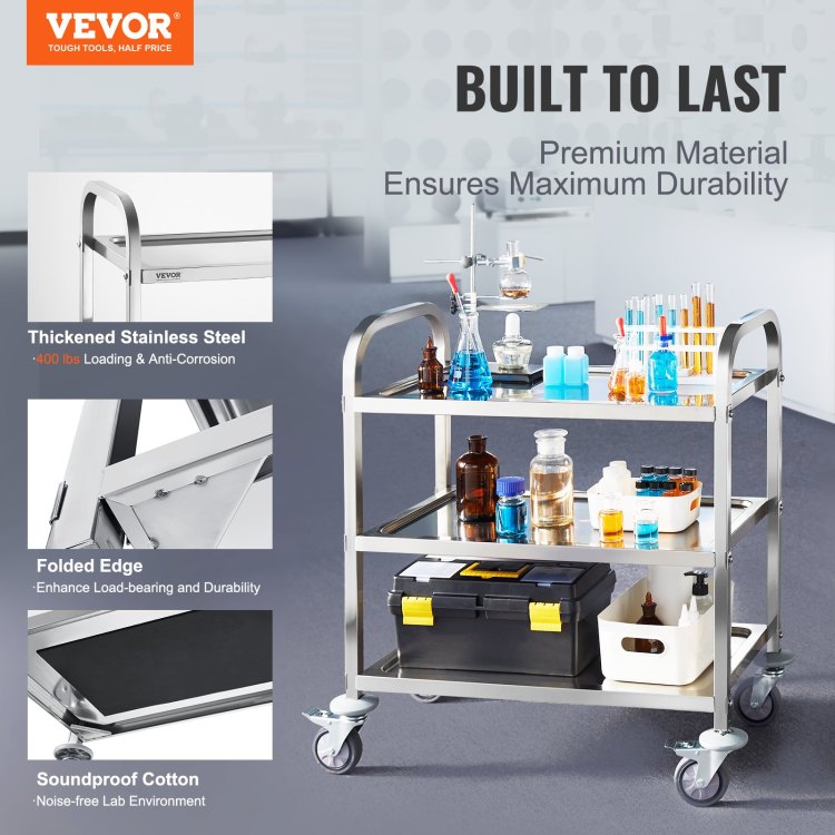 Stainless Steel Cart, 3 Layers Lab Utility Cart 400 Lbs Weight Capacity, Medical Cart With Lockable Universal Wheels, For Lab, Clinic, Kitchen, Salon