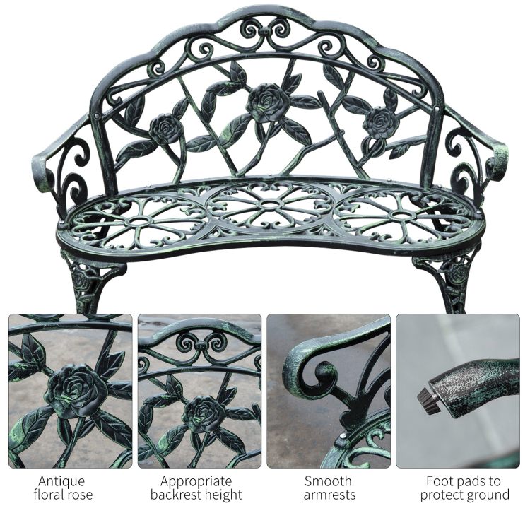 Outsunny Outdoor Bench, Cast Aluminum Outdoor Furniture, Metal Bench With Floral Rose Accent & Antique Finish, Green