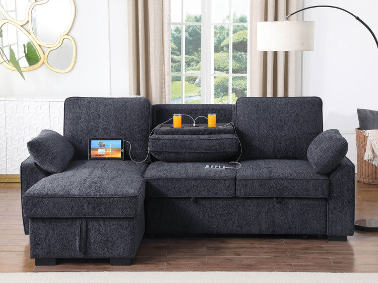 Marcello 91"W Charcoal Chenille Fabric Reversible Sleeper Sectional With Storage Chaise, Drop Down Table, Cup Holders And Charging Ports