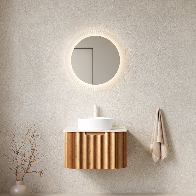 Dina 24" Bathroom Vanity&Sink, Floating Curved Edges Striped Bathroom Storage Cabinet With Drawer, White Round Ceramic Basin&Carrara White Artificial Marble Top, Pre Assembled, Natural Woodgrain