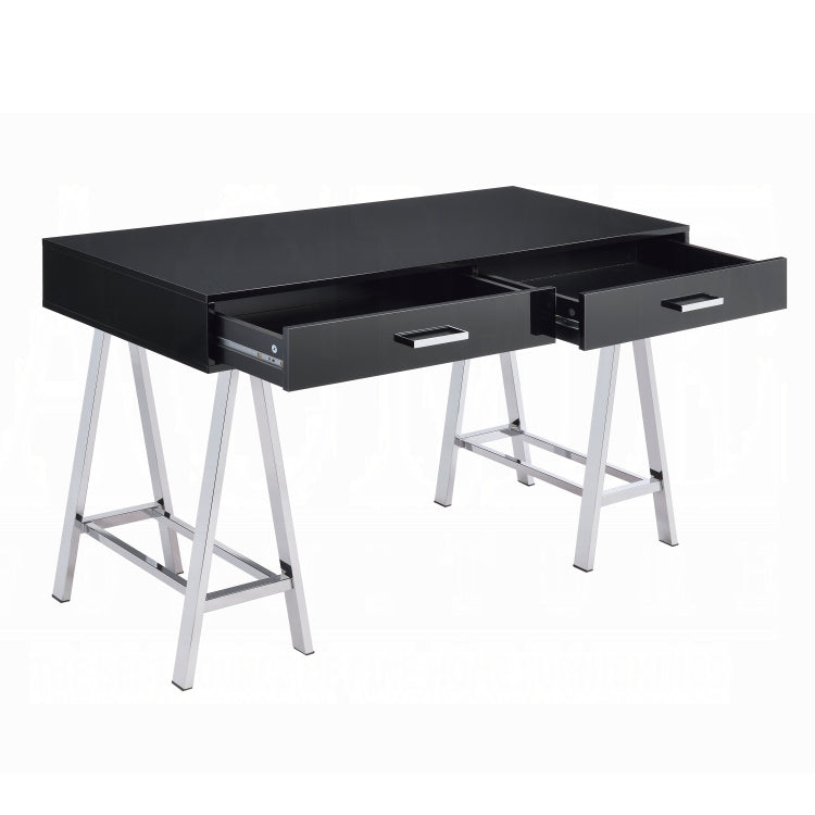 Black High Gloss And Chrome 2 Drawer Writing Desk