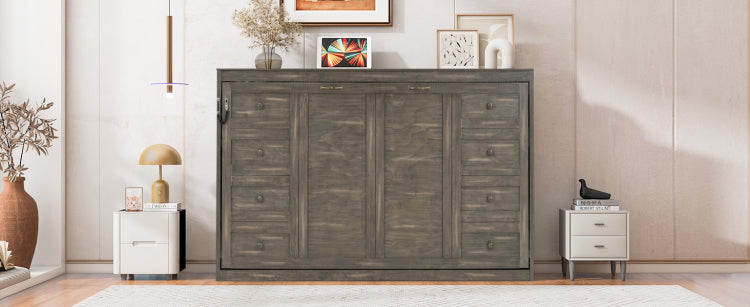 Twin Size Murphy Bed With Led Light,Can Be Folded Into A Cabinet,Hidden Wall Bed Cabinet,Brown
