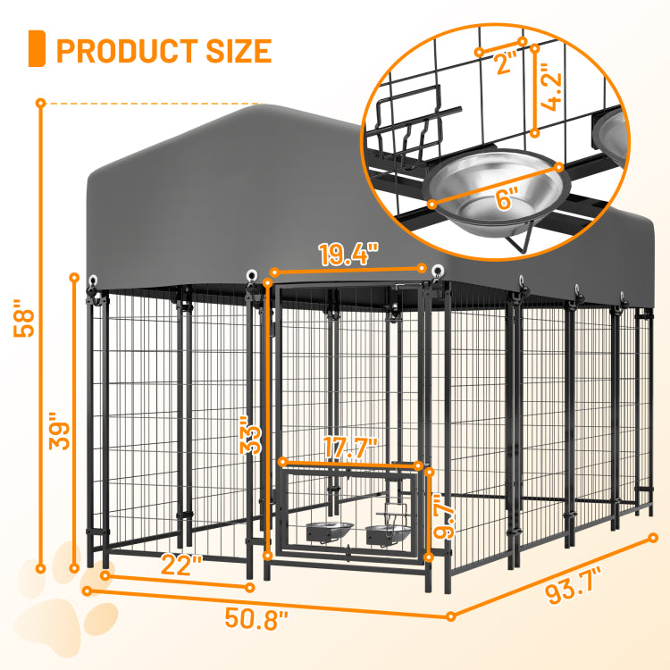 Dog Kennel Outdoor With Roof, 4.23'X7.81'X4.83' Welded Wire Enclosure, Heavy Duty Dog Crate With Uv Resistant Waterproof Cover, Double Lock & Rotating Feeder For Medium Large Dogs