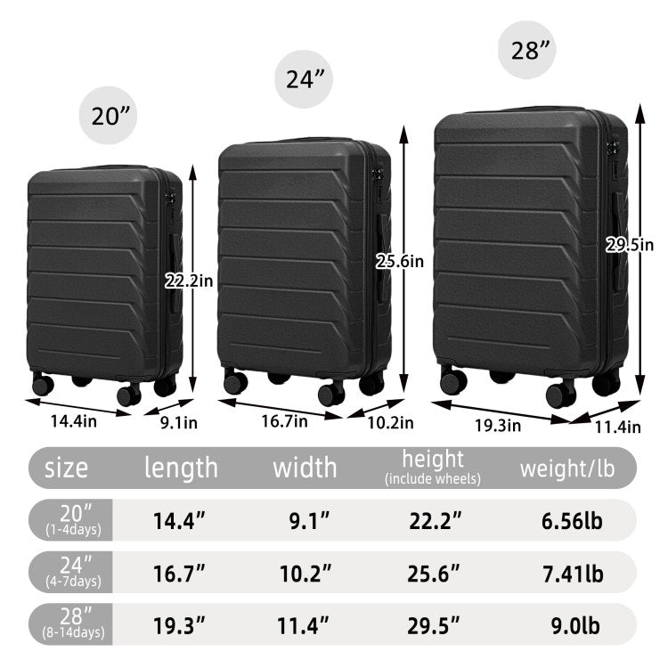Hifine Tourist 20" 24" 28" 3 Pcs Set In Abs Spinner Wheel Luggage, Matching Color , With Combination Lock Black