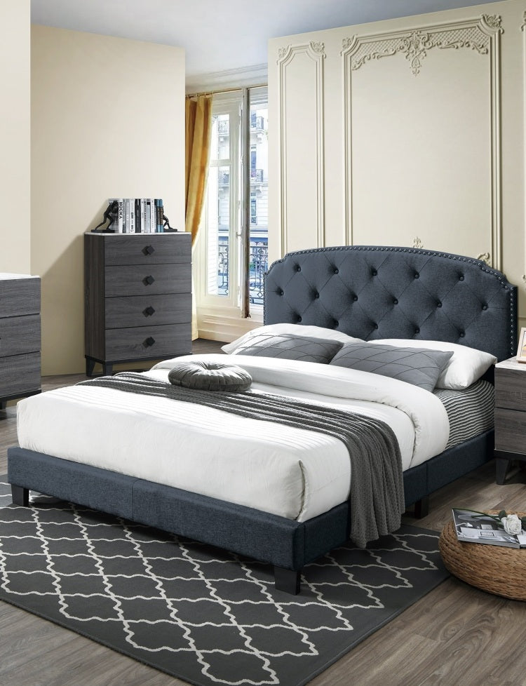 Full Size 1Pc Bed Nailhead Trim Button Tufted Burlap Fabric Charcoal Finish Bedroom Furniture