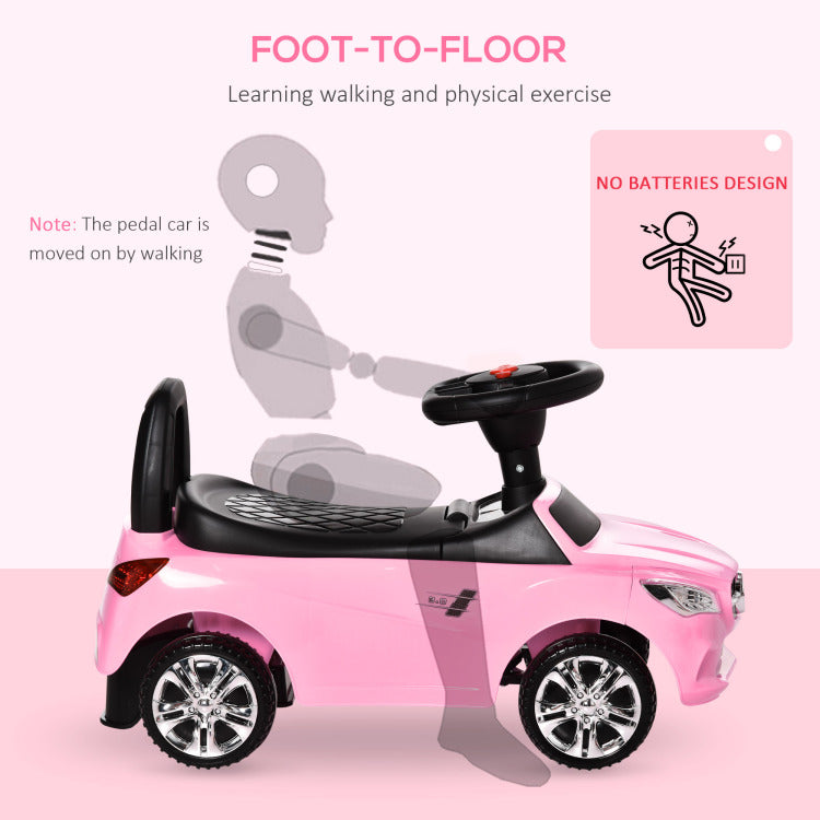 Aosom Kids Ride On Push Car, Foot To Floor Walking Sliding Toy Car For Toddler With Working Horn, Music, Headlights And Storage, Pink