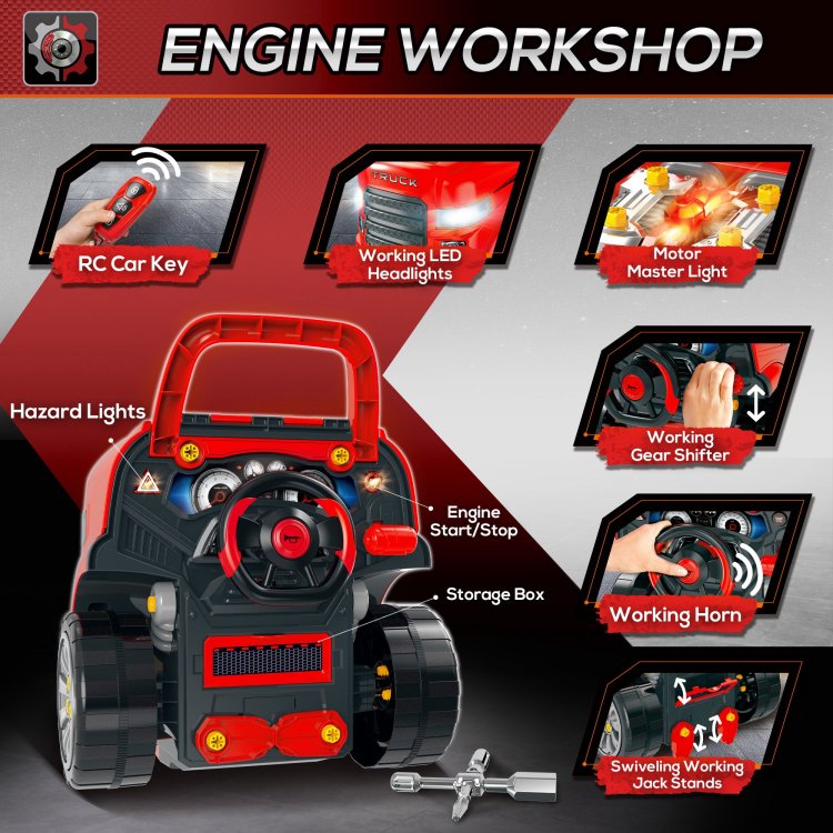Qaba Kids Truck Engine Toy, Kids Mechanic Car Repair Set, Engine Disassembly Play Workshop, Includes 61 Pieces, Steering Wheel, Horn, Light For 3 5 Years Old, Red