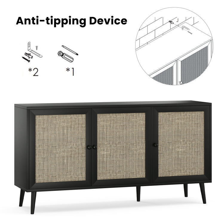 Sideboard Buffet Cabinet With 3 Rattan Doors,Modern Kitchen Storage Console Cabinet For Entryway Living Room Large,Black