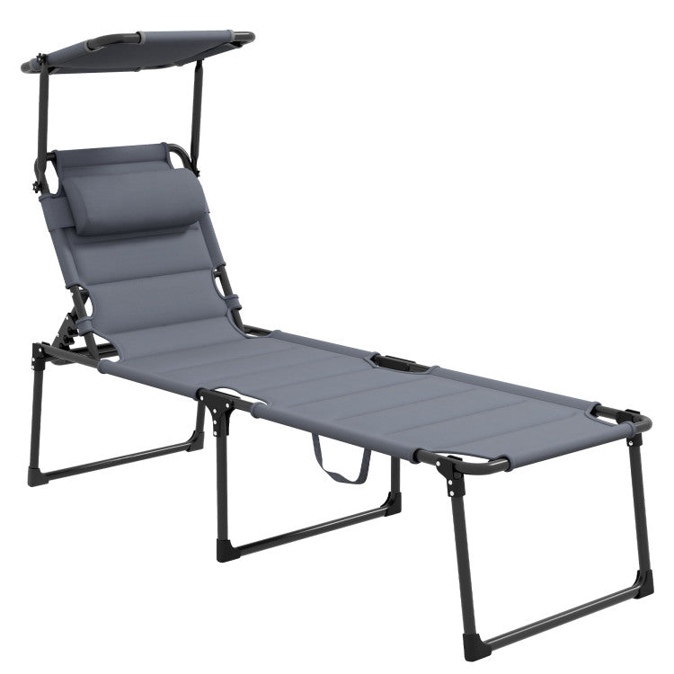Outsunny Outdoor Lounge Chair, Adjustable Backrest Folding Chaise Lounge, Cushioned Tanning Chair W Sunshade Roof & Pillow Headrest For Beach, Camping, Hiking, Gray