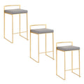 26" Contemporary Counter Stool In Gold Metal With Grey Faux Leather Set Of 3