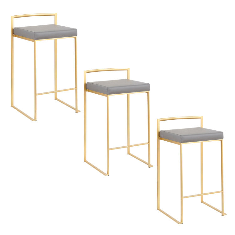 26" Contemporary Counter Stool In Gold Metal With Grey Faux Leather Set Of 3