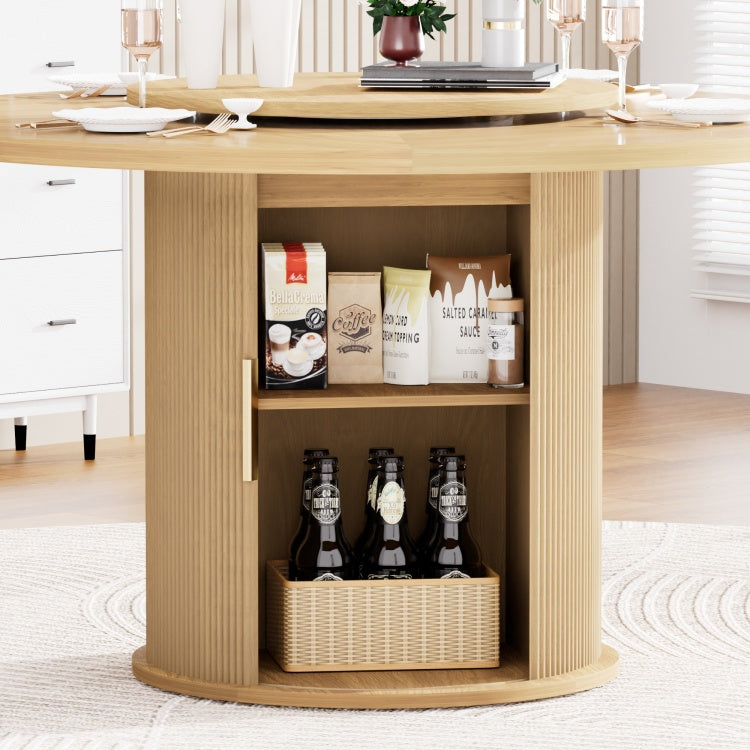 55 Inch Round Dining Table For Six, Featuring A Double Tiered Storage Rack And A Rotating Tabletop Tray. Wooden Wavy Striped Sliding Doors. Ideal For Home Dining Room Living Room Natural
