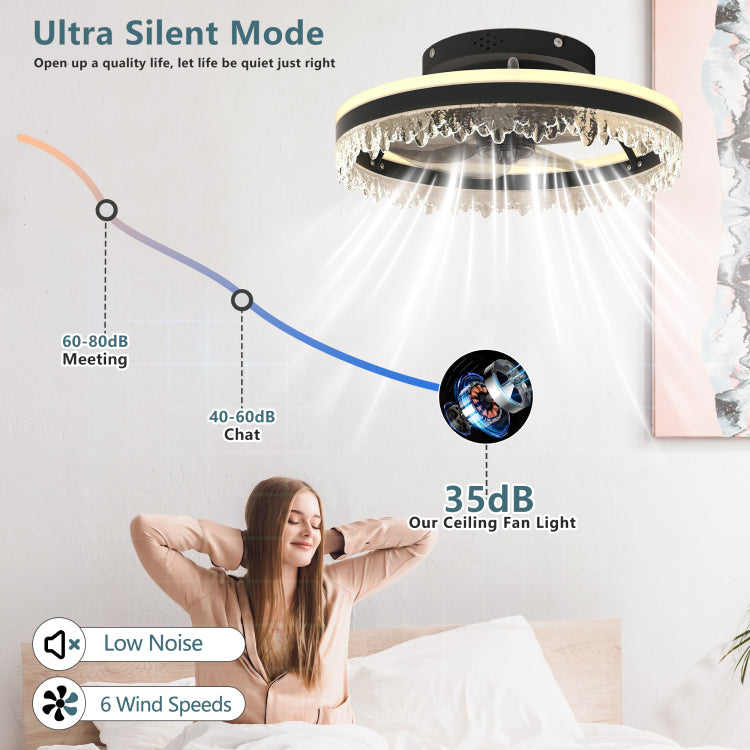 Modern Led With Light 16'' Dimmable Ceiling Light With Invisible Blades And Crystal Design, Remote Control & Adjustable Color Temperature, Quiet Fan For Bedroom, Living Room,Black