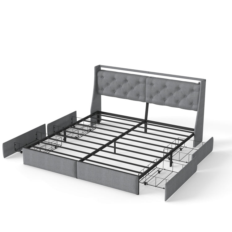 King Metal Platform Bed Frame Grey, Storage Headboard With Rgb Led & Charging Station