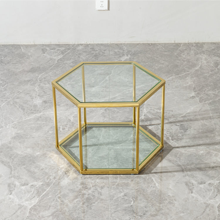 Luxury Hexagonal Side Table, Clear Tempered Glass Top With Gold Stainless Steel Frame, Accent Coffee Table For Living Room, Bedroom, Or Office