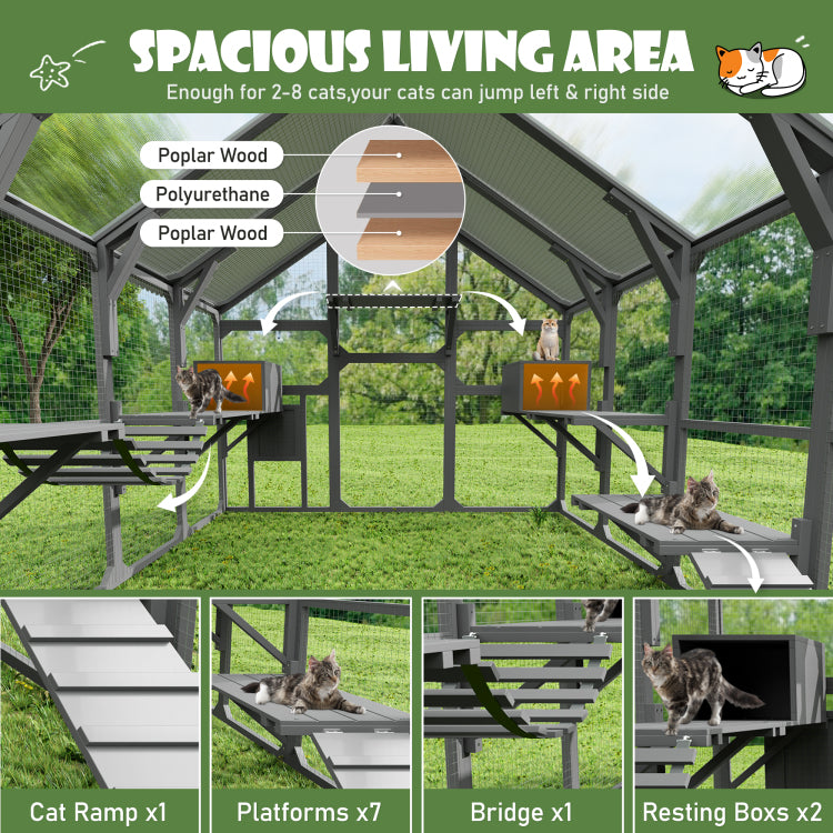 Large Catio Outdoor Cat Enclosure For Multiple Kittens, Wooden Cat House With 7 Platforms, 2 Resting Boxes, 1 Bridge And 1 Ramp, Walk In Kitty Cage Kennel With Sunshine Board Roof, Gray