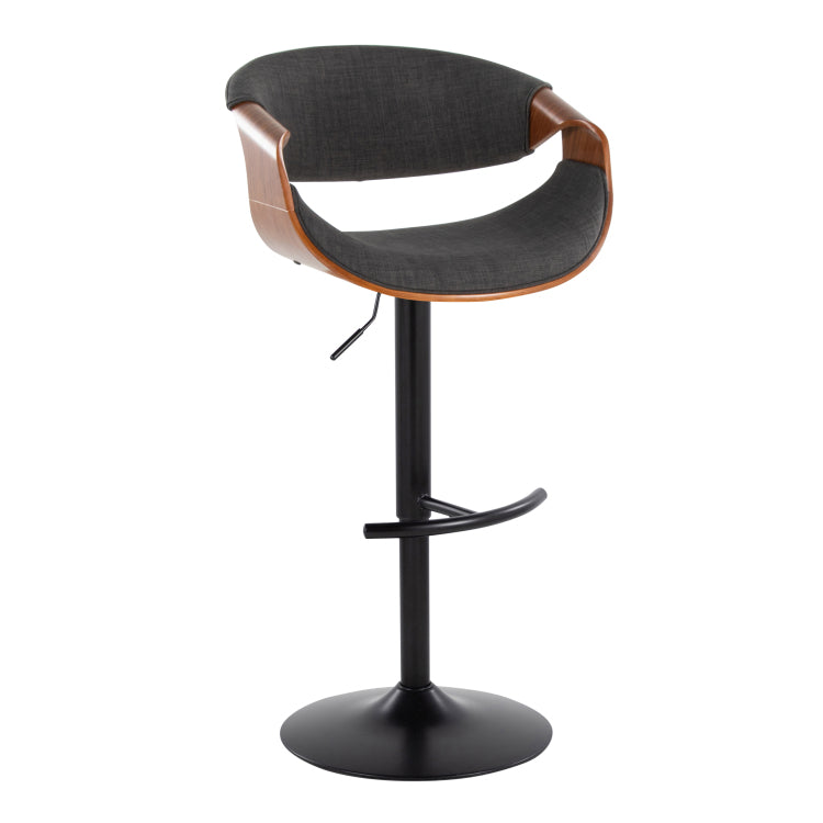 Mid Century Modern Adjustable Barstool With Swivel In Black Metal, Walnut Wood And Charcoal Fabric With Rounded T Footrest Set Of 2