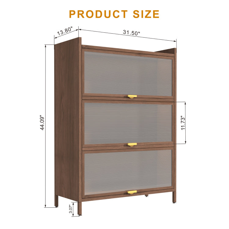 44'' Tall Metal 3 Flip Doors Cabinet, With Ample Storage Space For Bedroom, Office, Living Room, Hallway, Entryway Walnut