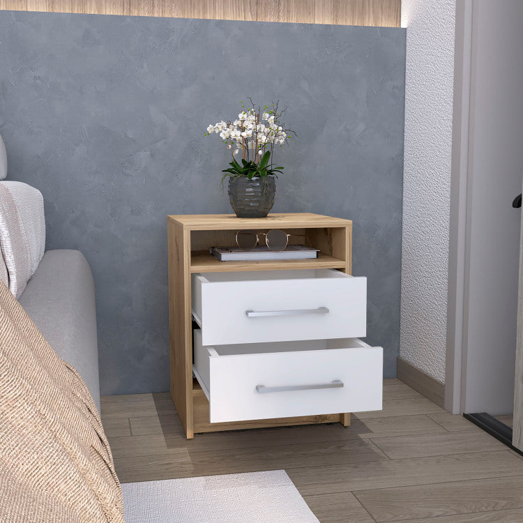 Nightstand 20"H, Two Drawers, Superior Top, Metal Handles, White Light Oak