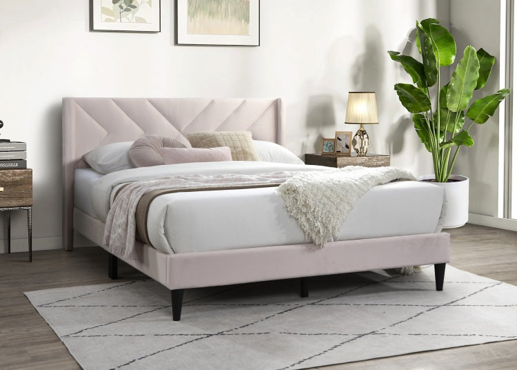 Elegant Modern Full Size Bed Clean Lines Design Headboard 1Pc Light Pink Velvet Upholstered Bedframe