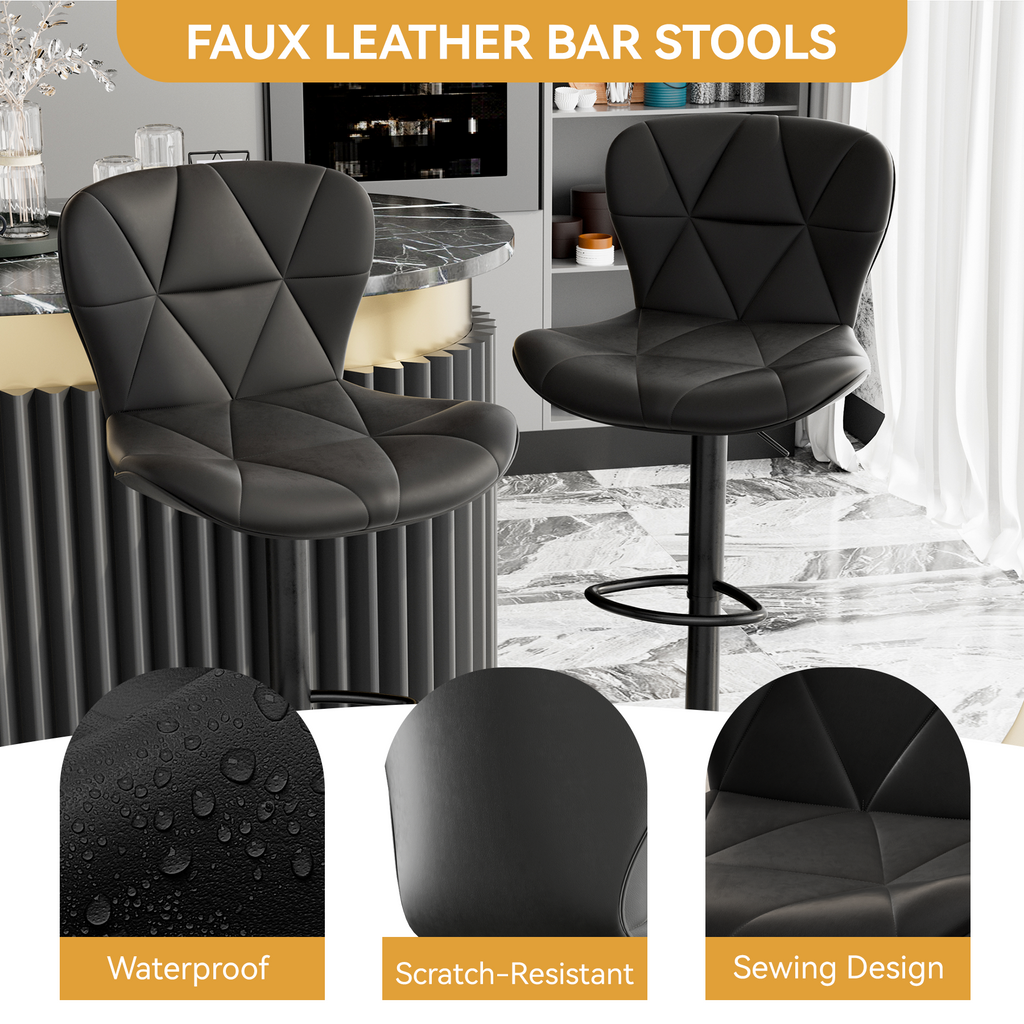 Modern Bar Stools Set Of 2, Adjustable Faux Leather Upholstered Swivel Bar Stools, Counter Height Bar Chairs With Back For Kitchen Island, Black