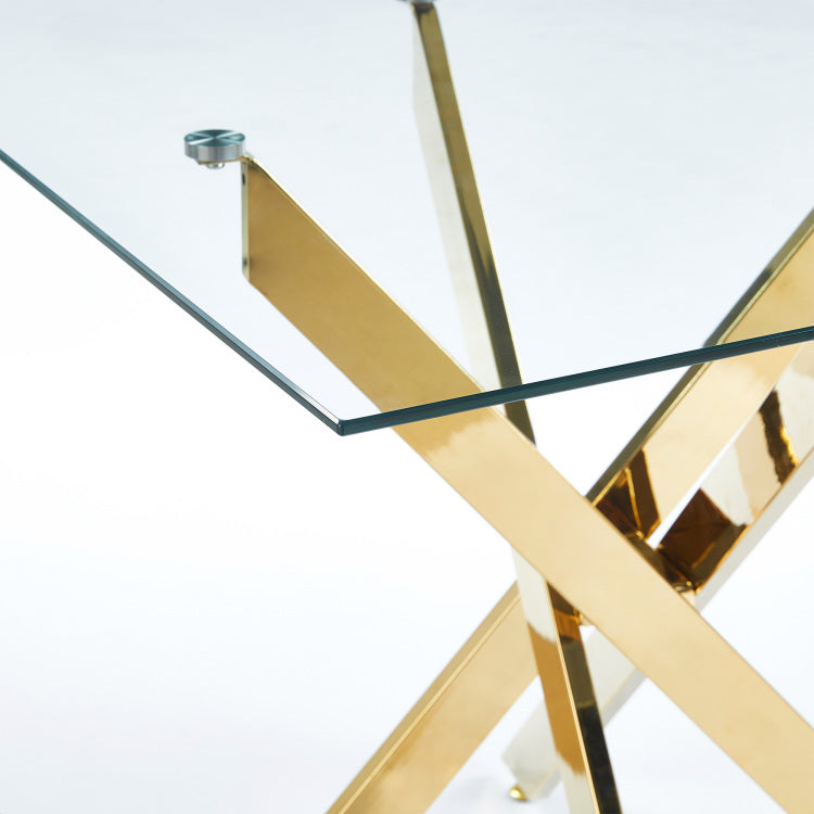 Dining Table With Cross Metal Leg And Tempered Glass,Modern Space Saving Kitchen Table For Living Room,Chrome Legs,Square Table,Golden Legs,90X90X75Cm