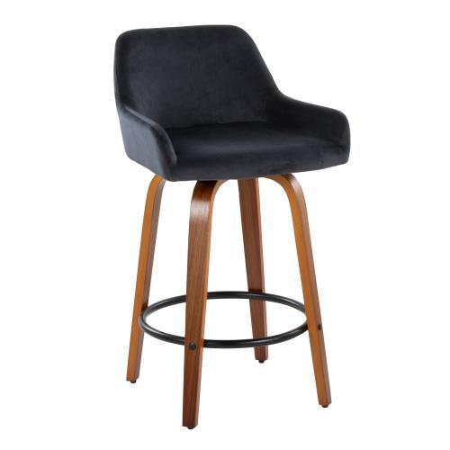 26" Contemporary Fixed Height Counter Stool With Swivel In Walnut Wood And Black Velvet With Round Black Metal Footrest Set Of 2