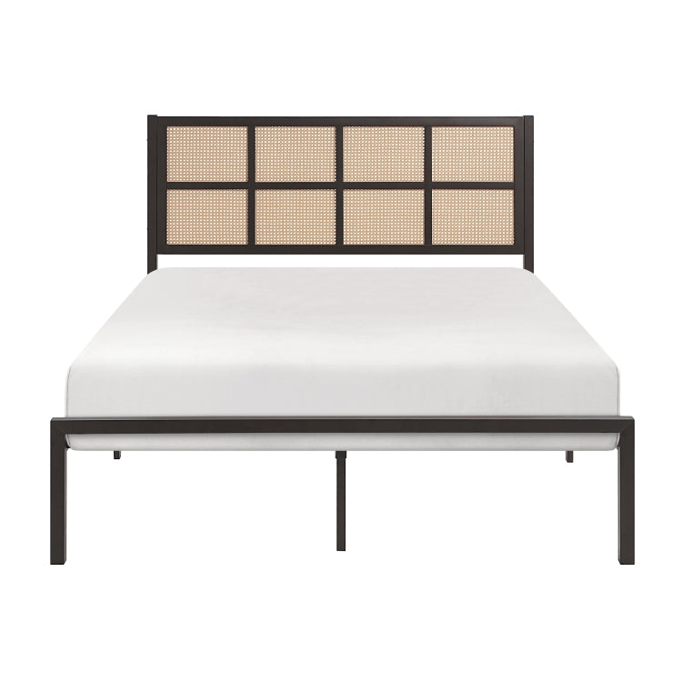 1Pc Queen Platform Bed, Metal Frame Dark Bronze Finish Faux Cane Panel Headboard Casual Coastal Bedroom Furniture, Bed In A Box