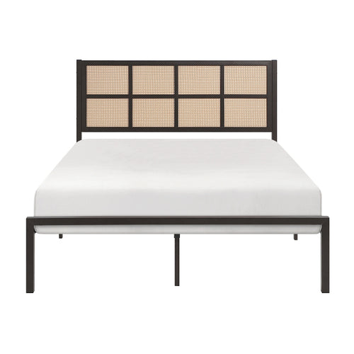 1Pc Queen Platform Bed, Metal Frame Dark Bronze Finish Faux Cane Panel Headboard Casual Coastal Bedroom Furniture, Bed In A Box