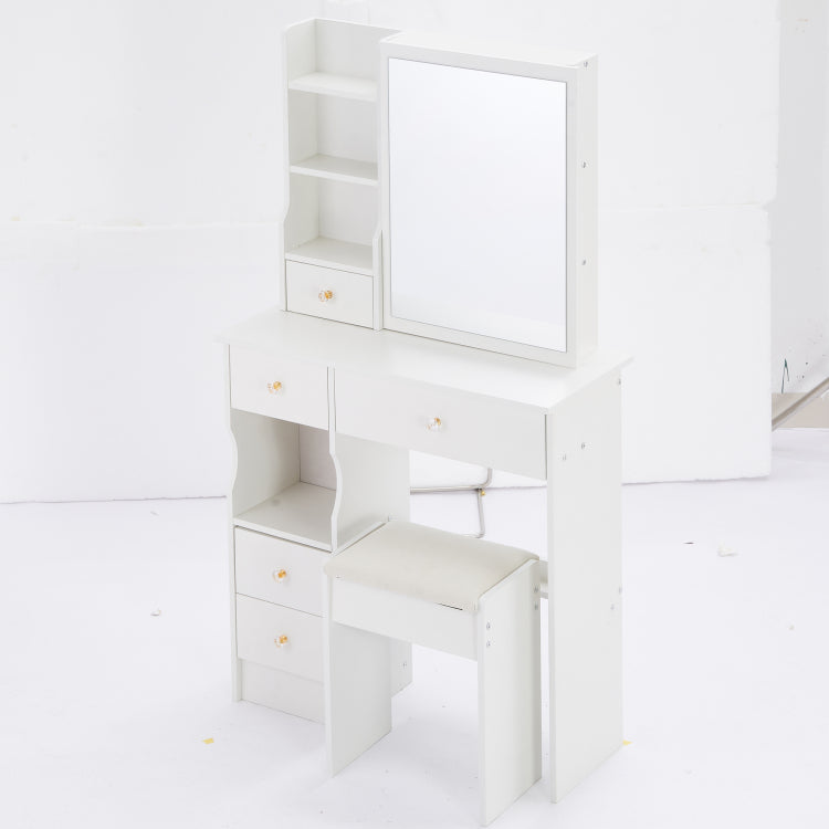 29.2" Small Size Left Drawer Desktop Vanity Table Cushioned Stool, Extra Large Right Sliding Mirror, Multi Layer High Capacity Storage, Practical Fashionable Dresser, Suitable For Small Space