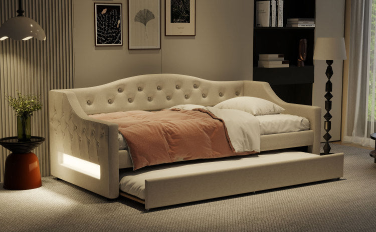 Upholstered Twin Xl Size Daybed With Led Belt And Trundle, Beige