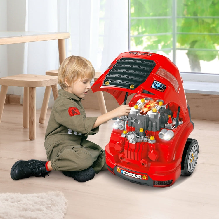 Qaba Kids Truck Engine Toy, Kids Mechanic Car Repair Set, Engine Disassembly Play Workshop, Includes 61 Pieces, Steering Wheel, Horn, Light For 3 5 Years Old, Red