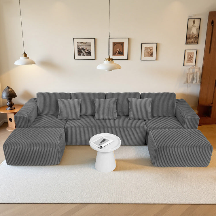 Modular U Shaped Sectional Sofa, 132 Inch 4 Seater With Reversible Chaise Lounge Gray Striped Corduroy Fabric, Modularly Adjustable For Living Room & Bedroom, Feat. Freely Configurable Layout