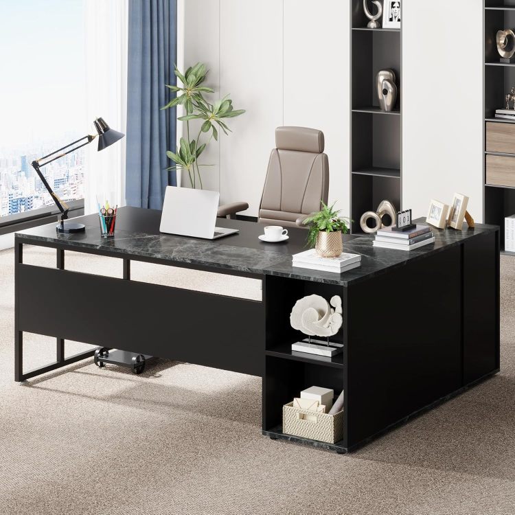 71" L Shaped Executive Desk With Storage Cabinet & Shelves, Large Industrial Home Office Computer Desk, Business Workstation With Printer Cabinet & Cpu Stand, Black