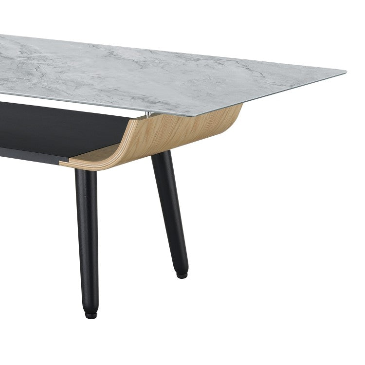 Lorenzo 47"W Coffee Table With Glass Gray Marble Texture Top And Bent Wood Design