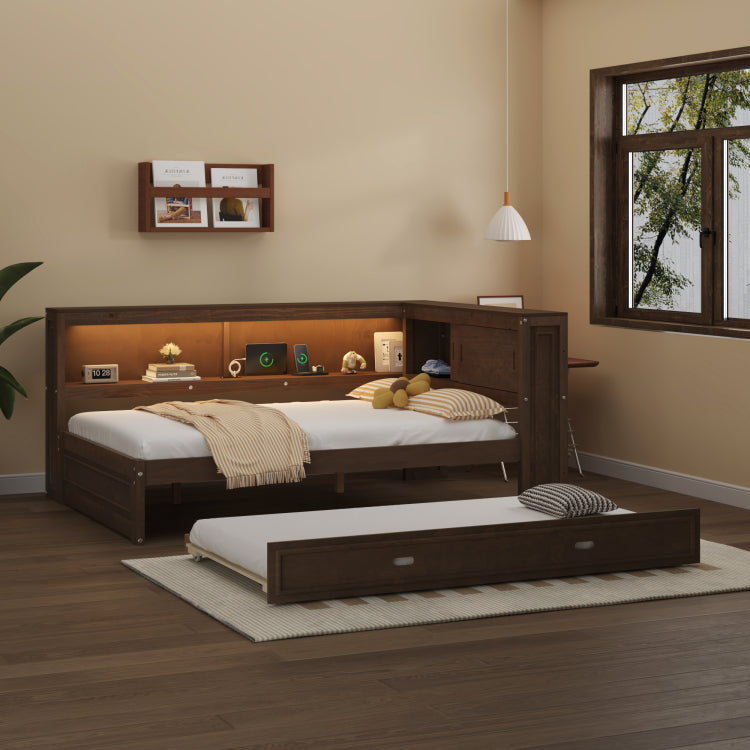 Full Size Wood Daybed With Storage Shelves, Usb, Led, And Trundle, Antique Wood Color