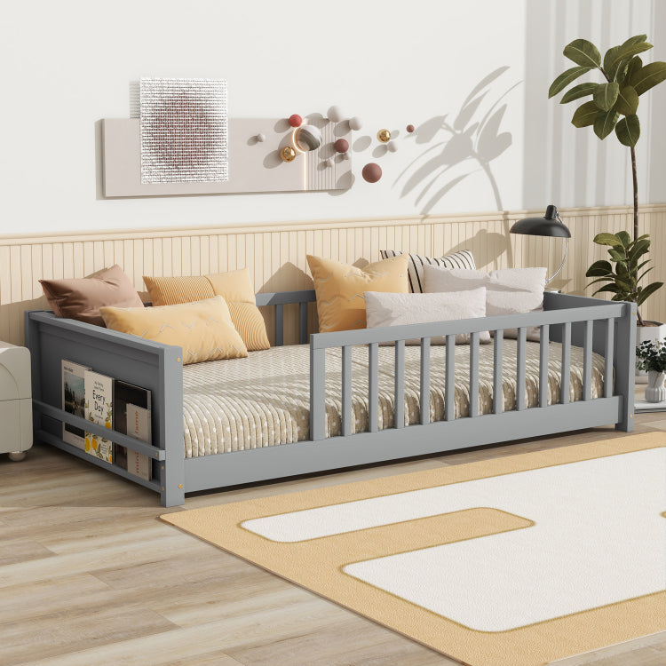 Twin Size Floor Platform Bed With Built In Book Rack,Grey Old Sku:W504P143306
