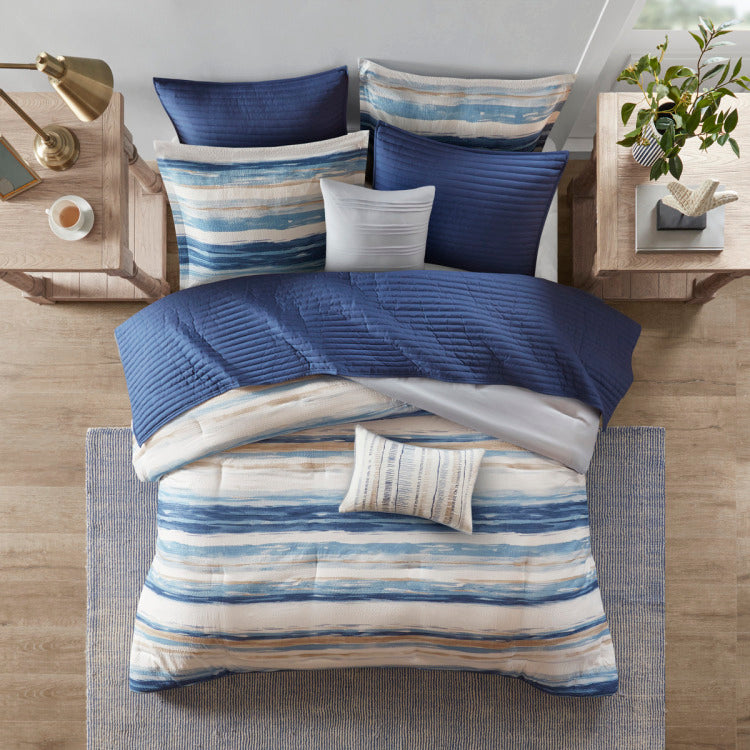 8 Piece Printed Seersucker Comforter And Quilt Set Collection Blue Full Queen