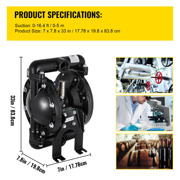 Air Operated Double Diaphragm Pump 1 Inch Inlet Outlet Aluminum 35 Gpm Max 120Psi For Industrial Use, Qby4 25Lf46 1Inch 35