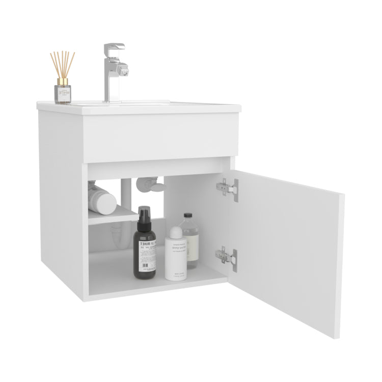 Primavera 18" Wide Floating Bathroom Vanity, With One Cabinet And Two Shelves, White