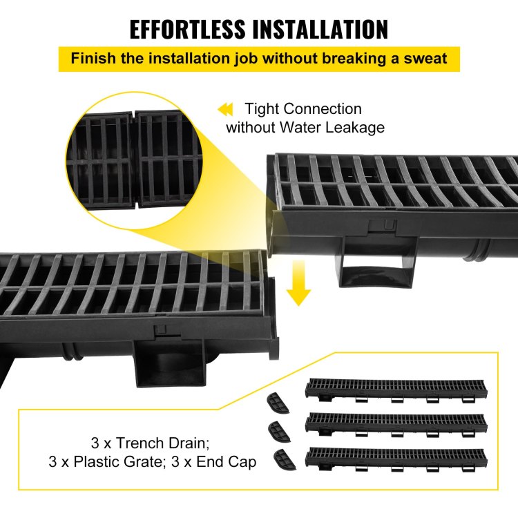 Trench Drain System, 5.7X3.1X39 Inch Hdpe Drainage Trench,Channel Drain With Plastic Grate, Black Plastic Garage Floor Drain, 3X39 Trench Drain Grate, For Garden, Driveway 3 Pack