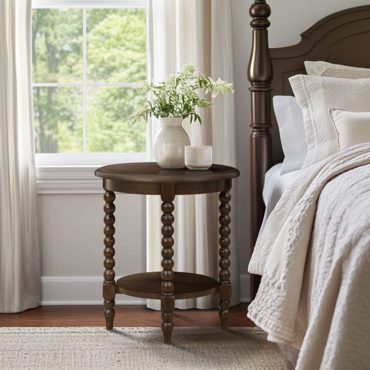 Round End Table With Shelf Brown