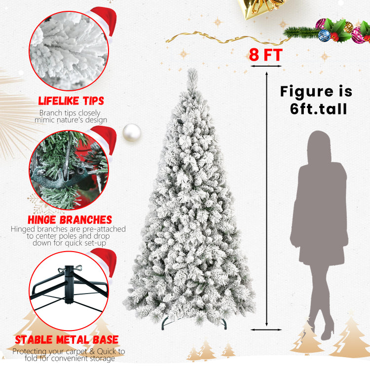 6Ft Flocked Christmas Tree With 752 Tips Snowy Pvc & Hard Needle Branches, Hinged Structure For Easy Setup, Stable Metal Stand Realistic Full Body Holiday Tree