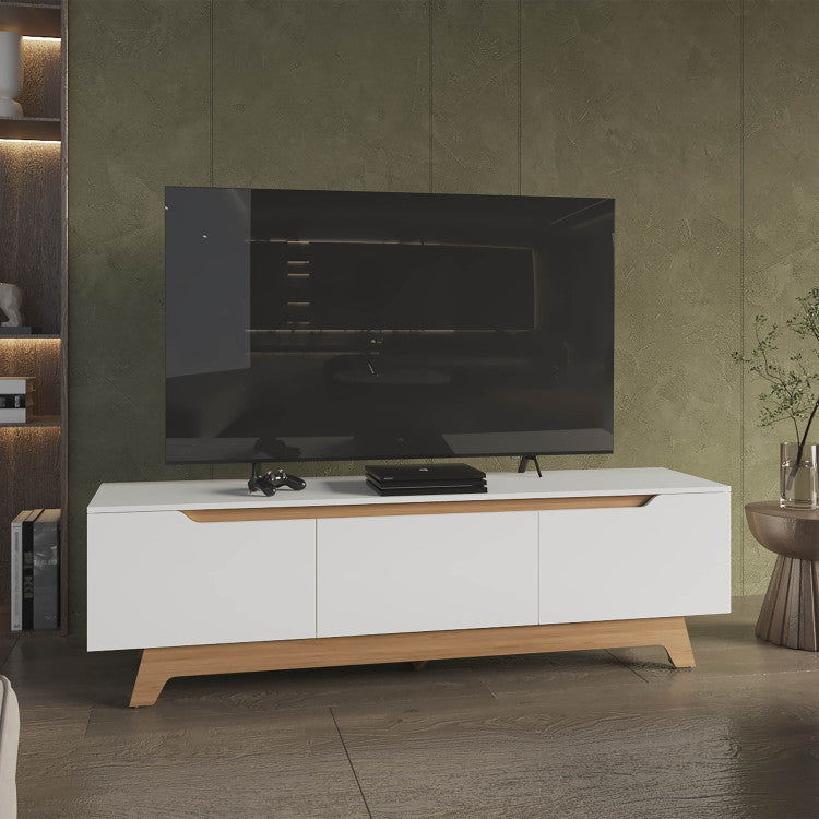 Woodall Tv Stand, Two Doors Modern Entertainment Center, Open Shelves And Cable Management, White Natural Oak